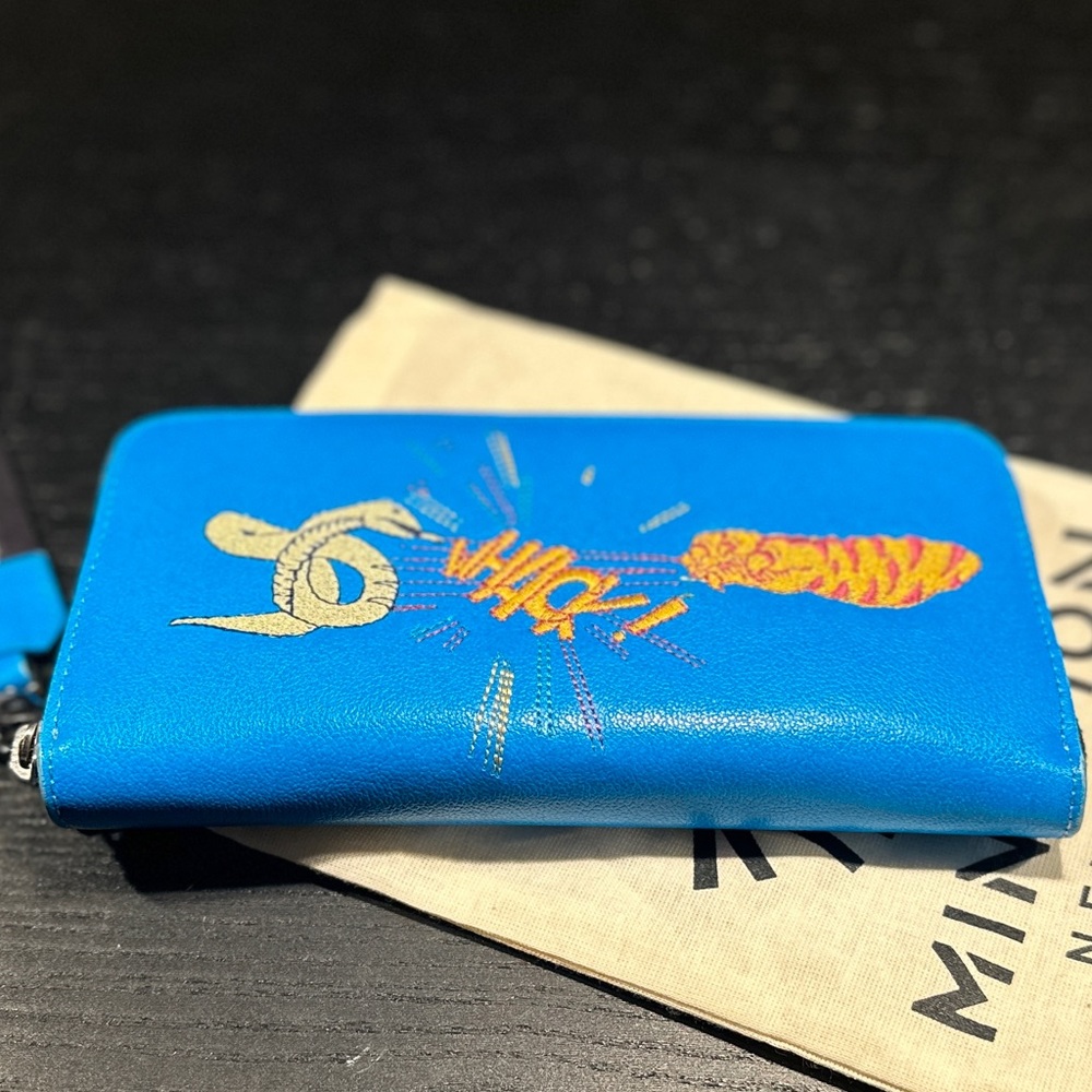 Min & Mon Francis Blue Leather Wallet - Tiger Power Applique ziparound strap